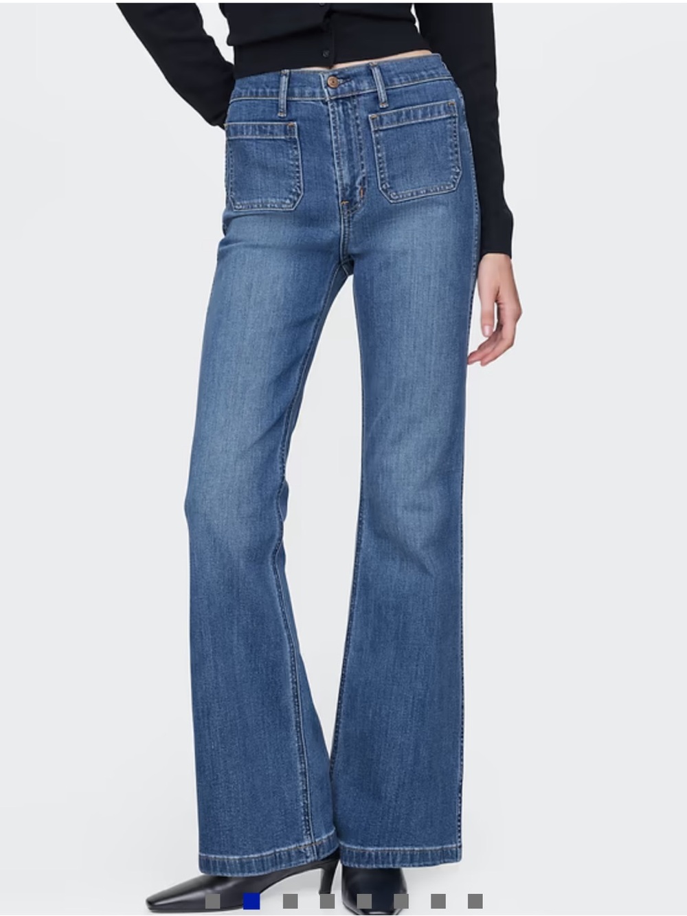 GAP High Rise '70s Flare Jeans Front Patch Pockets Medium Wash 32 / 14S Short